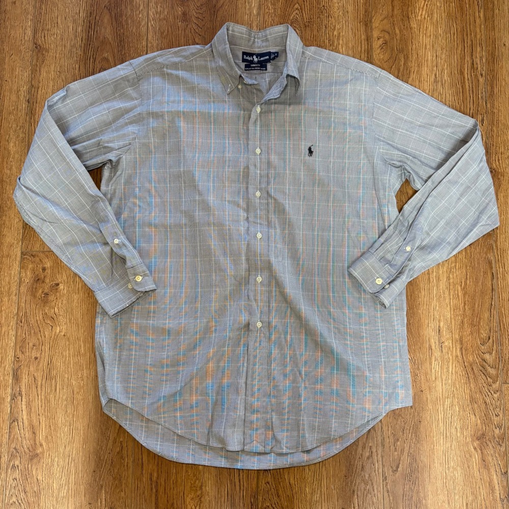 Ralph Lauren Yarmouth Mens 16 34/35 Gray Plaid Pinpoint Oxford Button Down Shirt